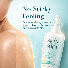Avon Skin So Soft nozzle spraying fine mist for even, no-mess application