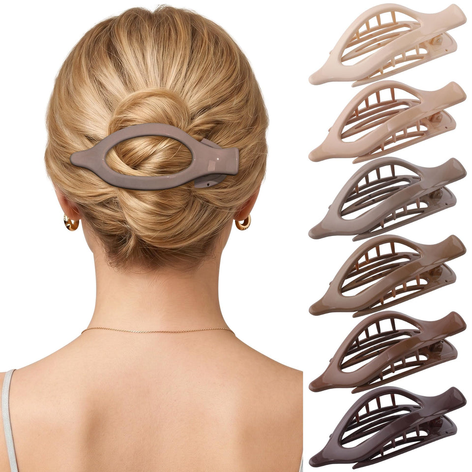 AWAYTR front view of six flat hair clips showing neutral colors and neat styling