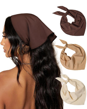 AWAYTR front view of three tied bandanas showing neat neutral tones and easy styling benefit