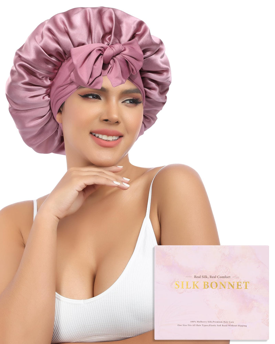 AWAYTR front view dust rose silk bonnet shows elegant bow and secure fit