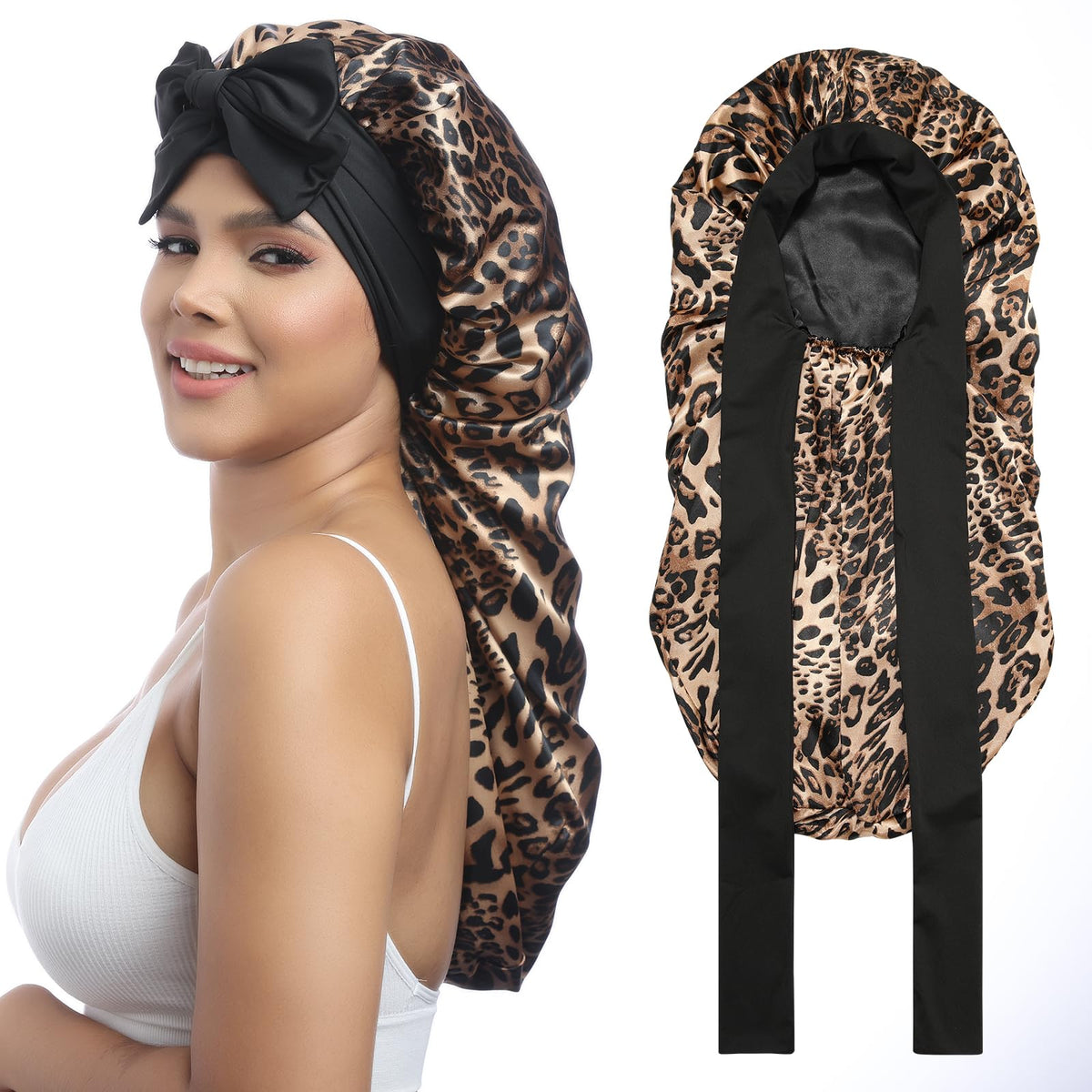 AWAYTR leopard bonnet front view showing full coverage and stylish print benefit: neat hair protection