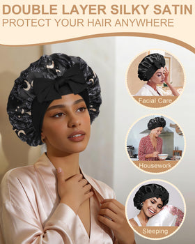 AWAYTR satin bonnet on vanity next to skincare, showing practical lifestyle use