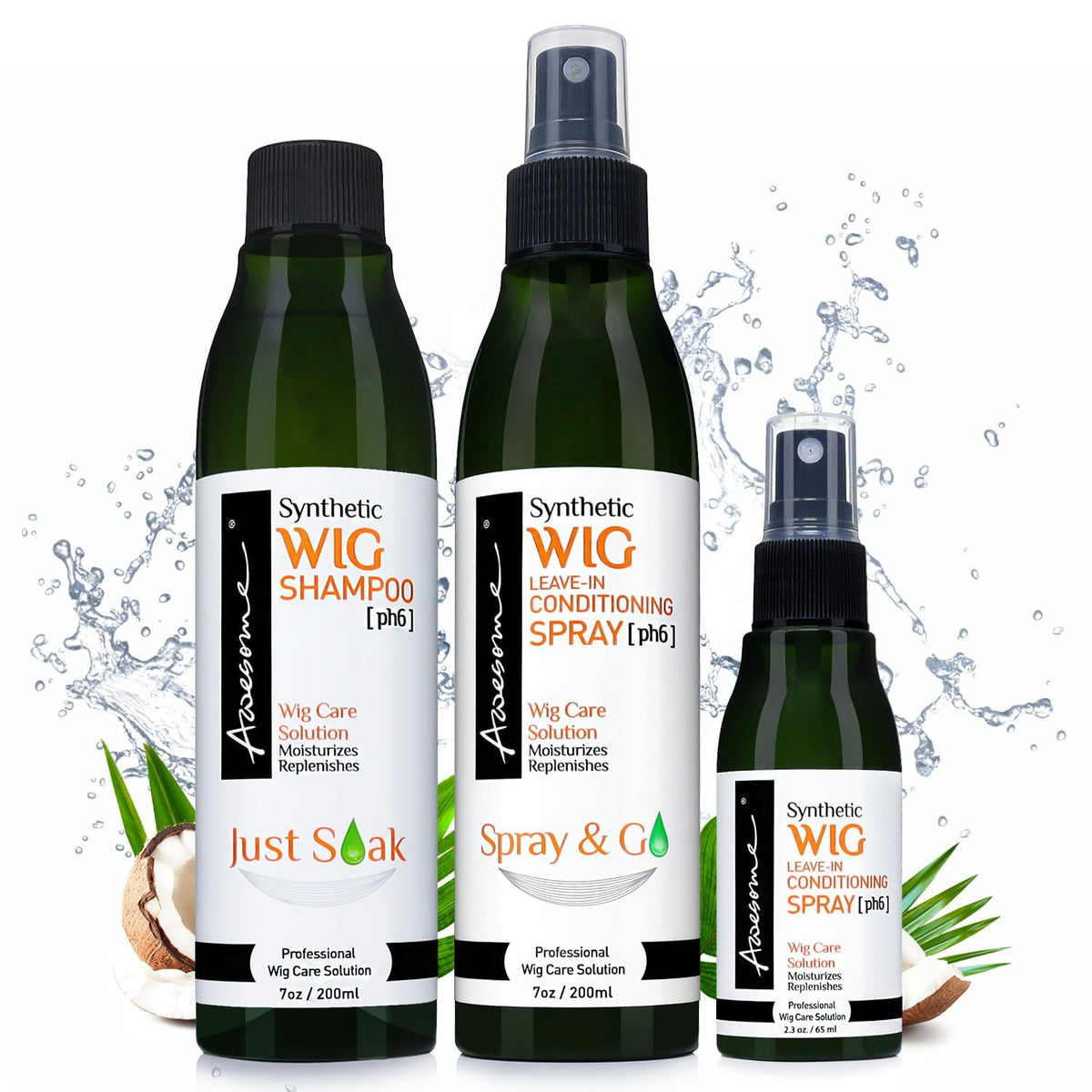 Awesome front packaging set showing two 7 fl oz bottles and 2.3 fl oz travel spray for complete care
