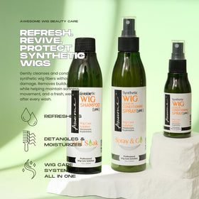 Awesome shampoo close-up pump showing easy dispensing and gentle-clean benefit for synthetic wigs