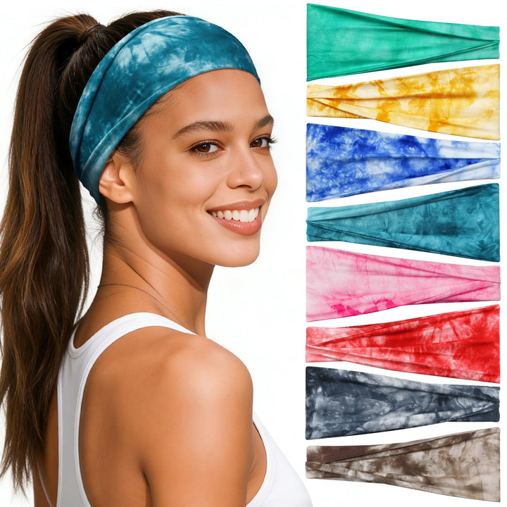 Awumbuk front pack showing eight patterned headbands and color variety for versatile styling