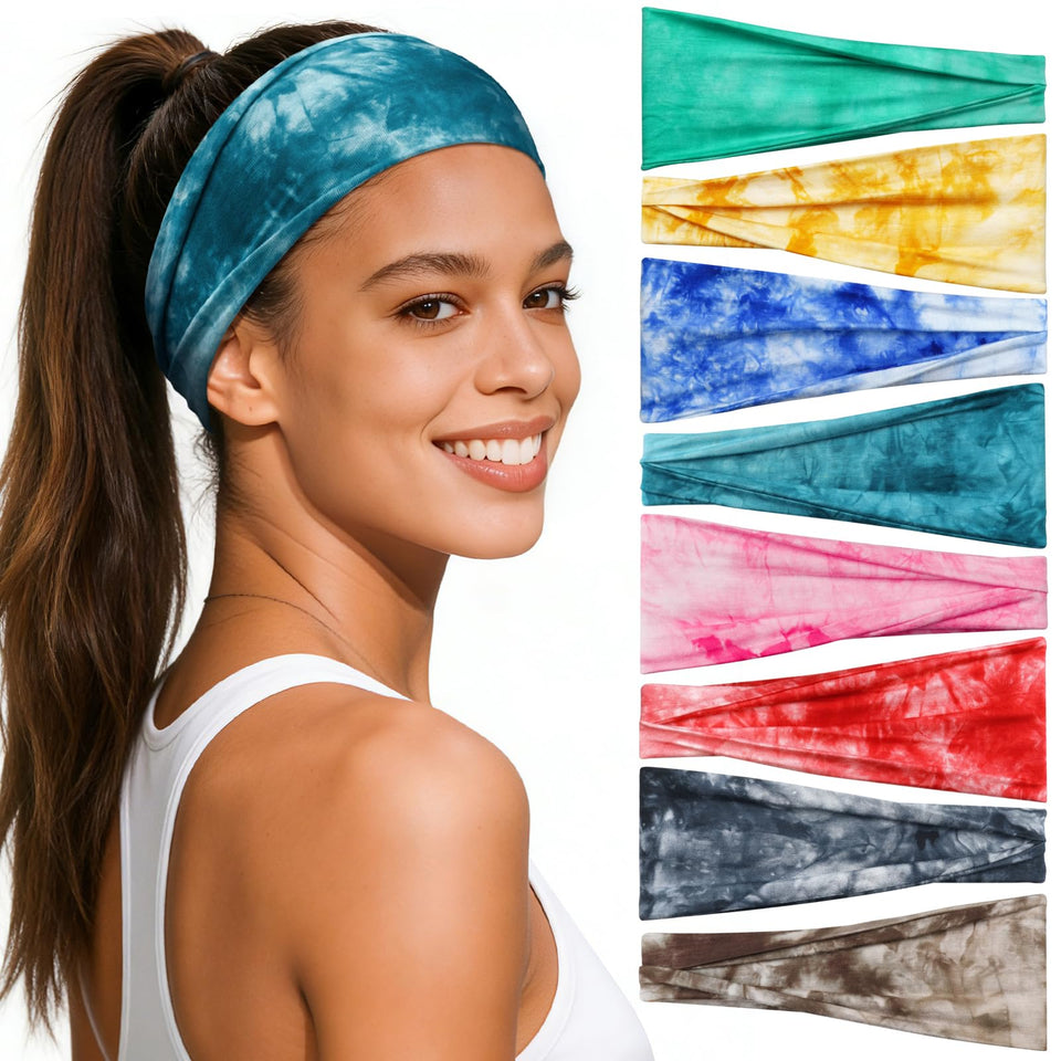 Awumbuk front pack showing eight patterned headbands and color variety for versatile styling
