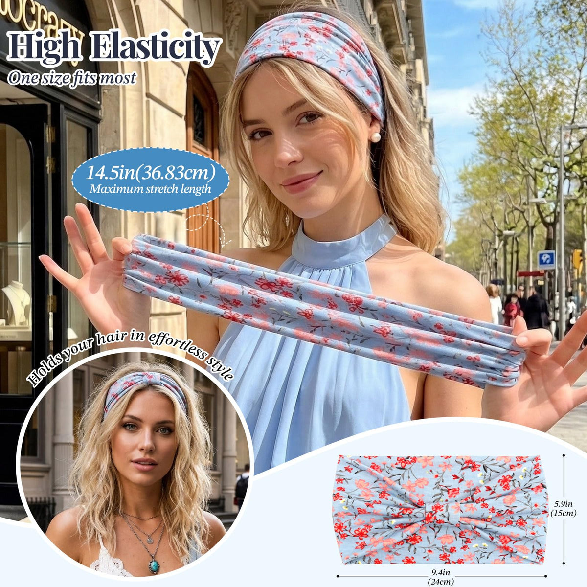 Awumbuk headband in hand for scale to show wide 5.9-inch coverage and comfortable stretch