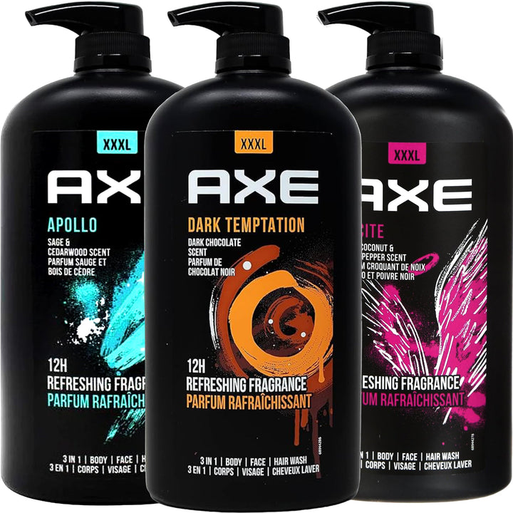 AXE front view of three pump bottles showing scents and size benefit