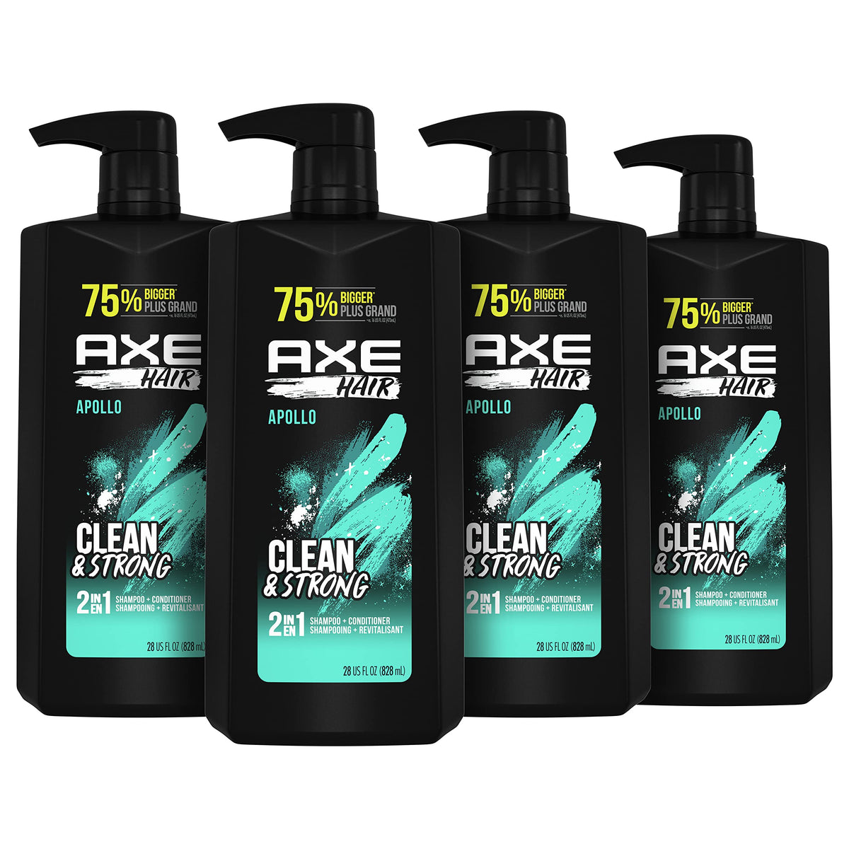 AXE bottle front packaging showing Apollo fragrance and size, highlights convenience