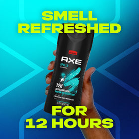 AXE Apollo in-shower use demonstrating quick lather and long-lasting scent