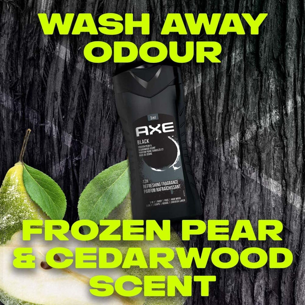 AXE Black pear and cedarwood visual conveying fresh woody scent