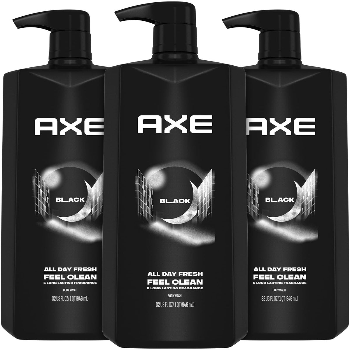 AXE Black front packaging showing three large pump bottles and scent branding for convenience