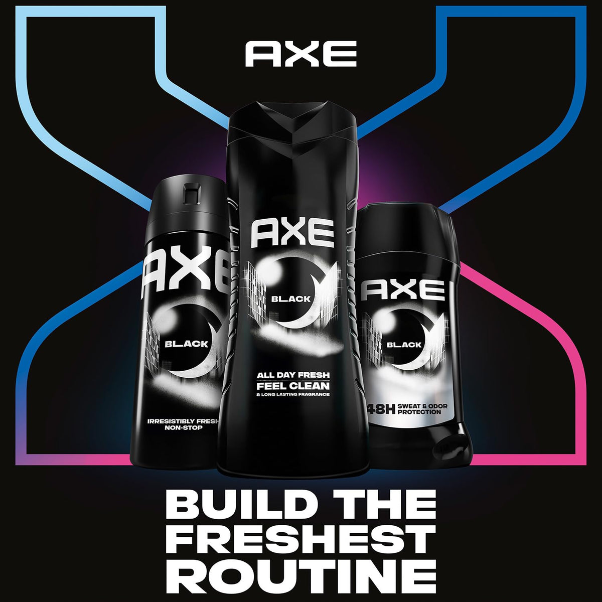 AXE Black bottle with recycled plastic symbol emphasizing sustainable packaging advantage