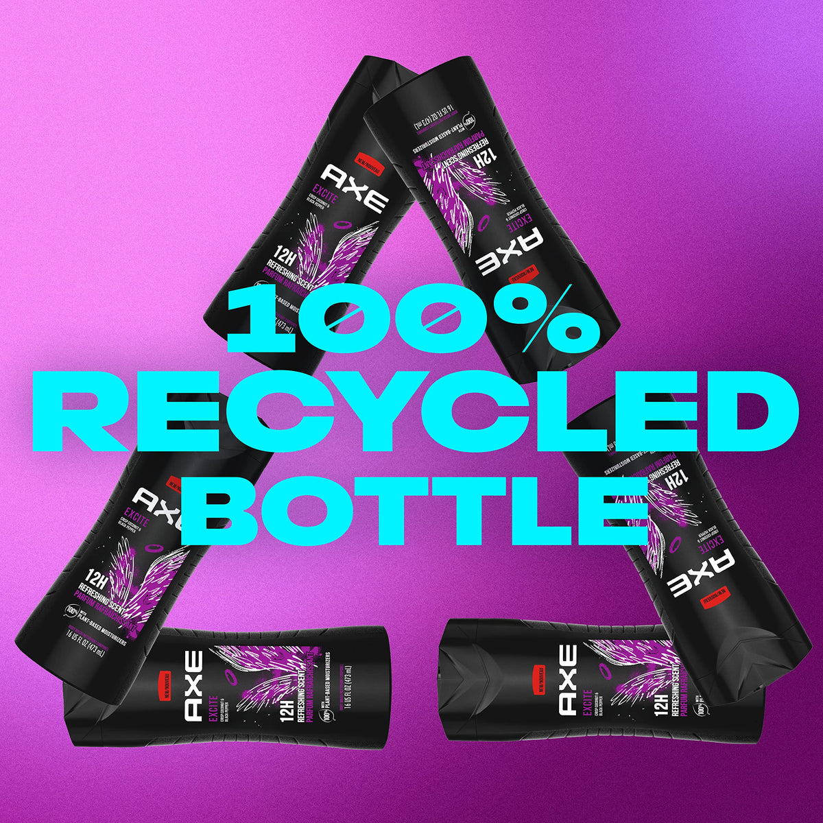 AXE bottle back displaying 100% recycled plastic mark and eco benefit