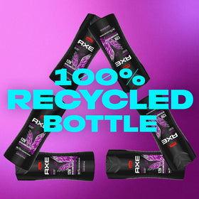 AXE bottle back displaying 100% recycled plastic mark and eco benefit