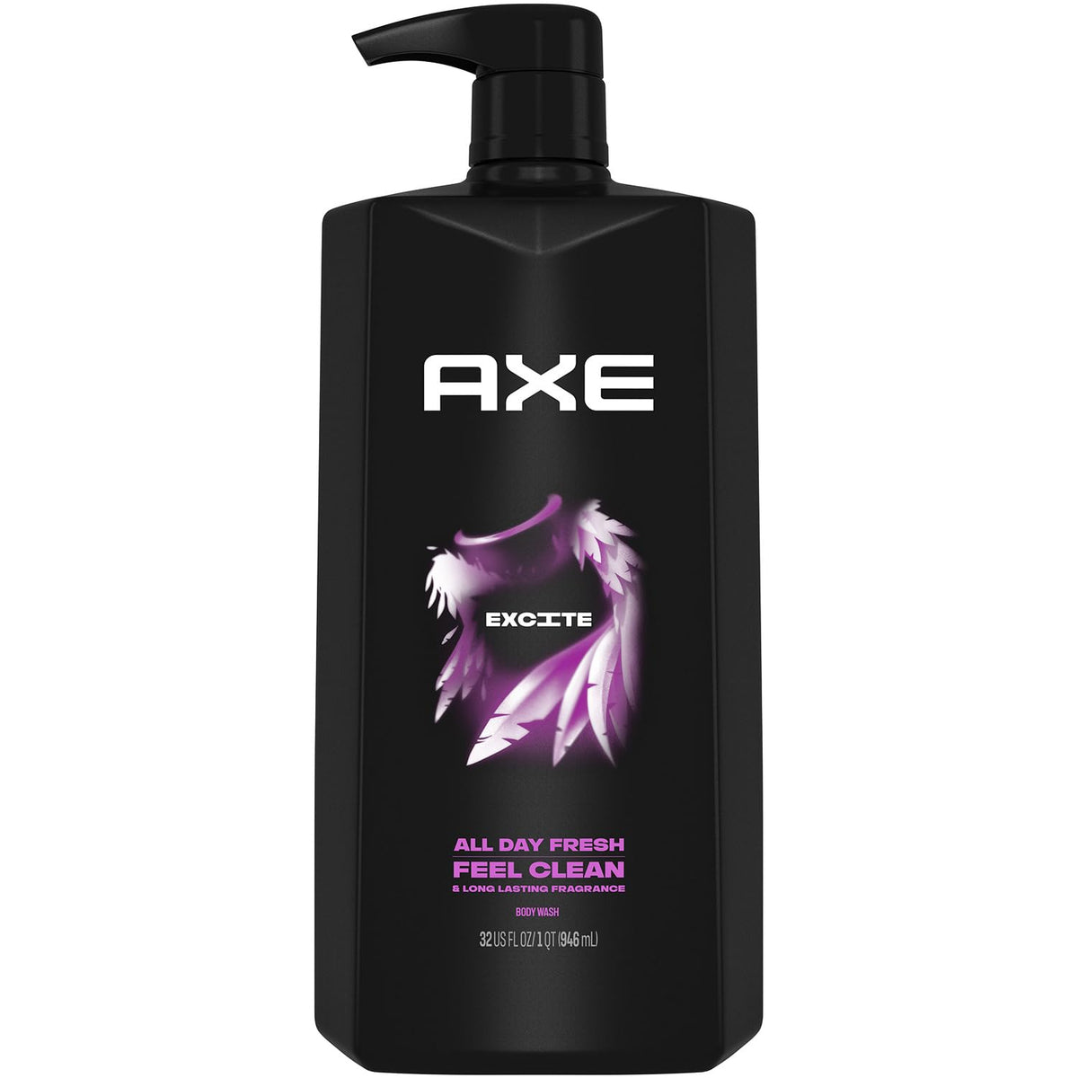 AXE Excite front packaging showing 32 fl oz pump bottle and scent label for convenience