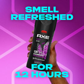Man using AXE body wash in shower demonstrating refreshing scent benefit