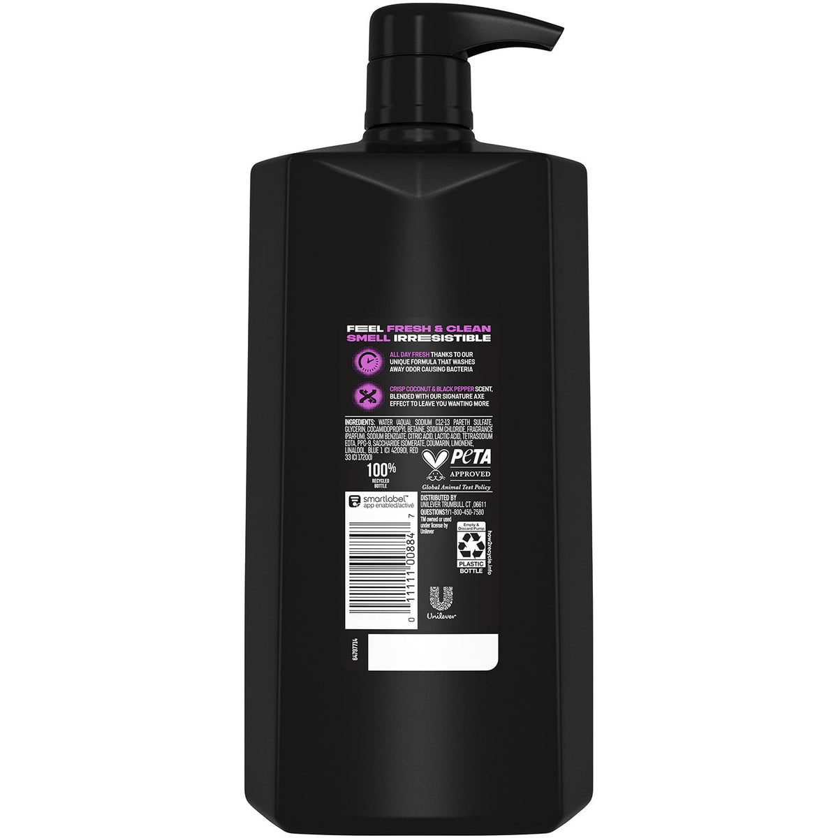 AXE Excite pump close-up highlighting easy dispense and sustainable recycled bottle benefit