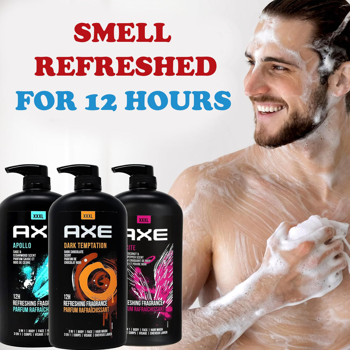 AXE three 32 oz bottles beside ruler showing generous volume benefit