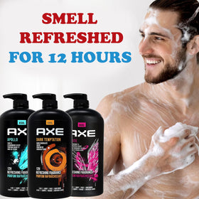 AXE three 32 oz bottles beside ruler showing generous volume benefit
