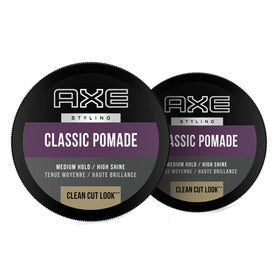 AXE front packaging showing two pomade tins and product benefits