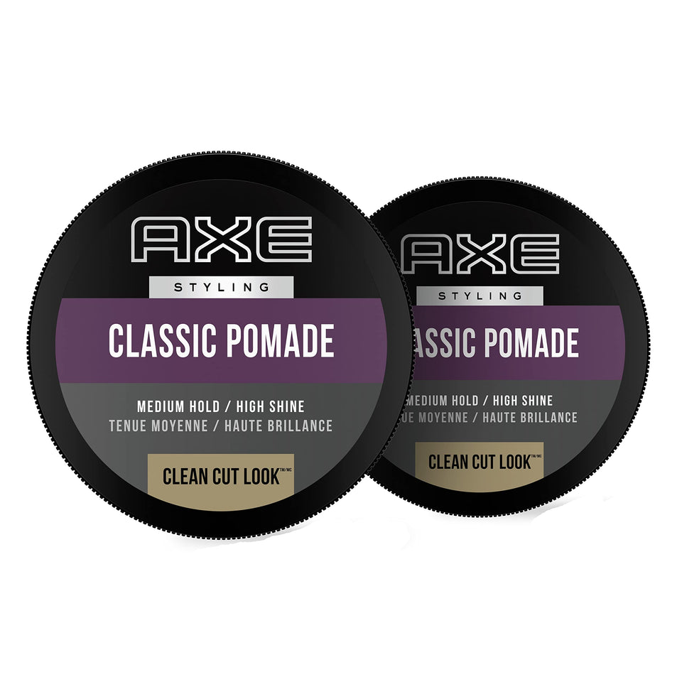 AXE front packaging showing two pomade tins and product benefits