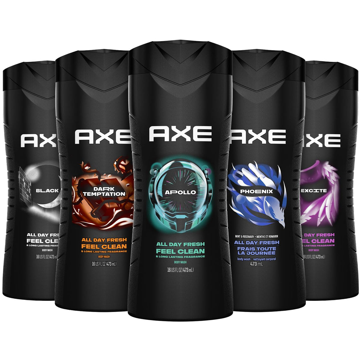 AXE variety pack front packaging showing five scented 3-in-1 bottles, convenient selection
