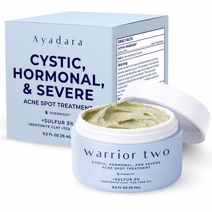 AYADARA jar front view showing compact sulfur spot cream packaging and clarity boost
