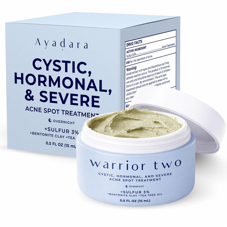 AYADARA jar front view showing compact sulfur spot cream packaging and clarity boost