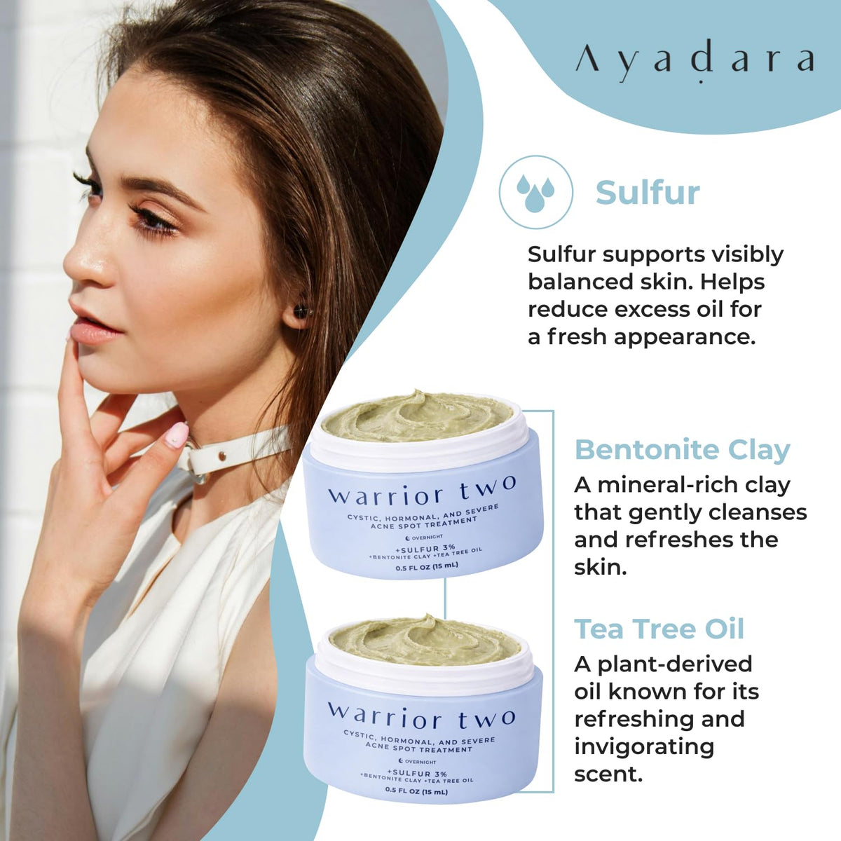 AYADARA product label close-up listing sulfur, witch hazel, aloe benefits