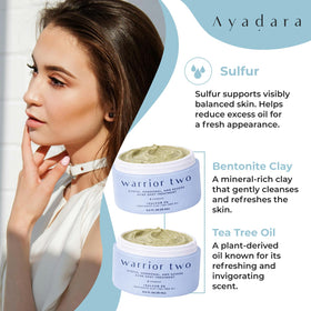 AYADARA product label close-up listing sulfur, witch hazel, aloe benefits