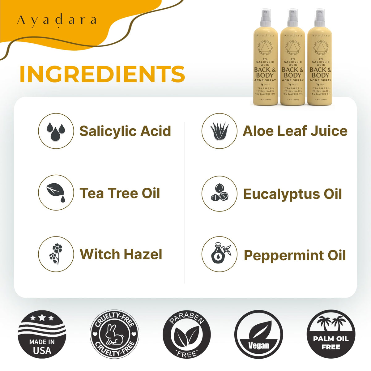 AYADARA bottle next to hand showing compact travel-friendly size