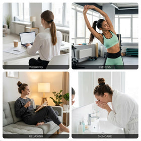 Ayogost lifestyle shot during workout, keeps hair up and focused