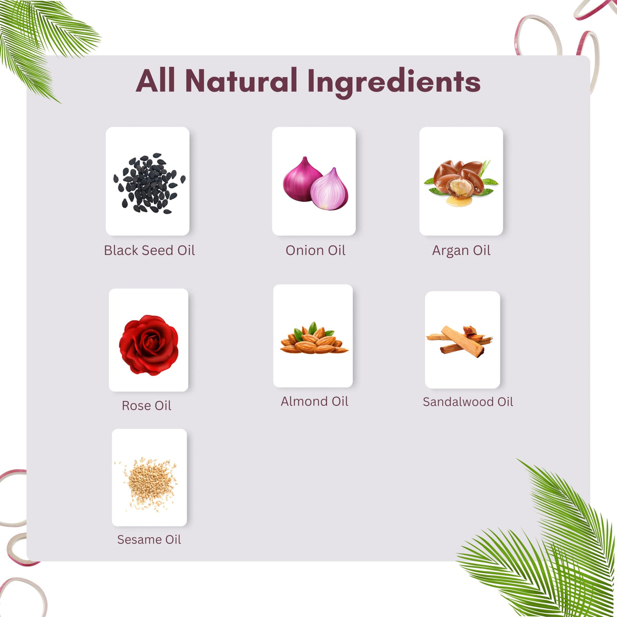 AYURVEDASHREE ingredients display with onion, argan, sandalwood and rose benefits