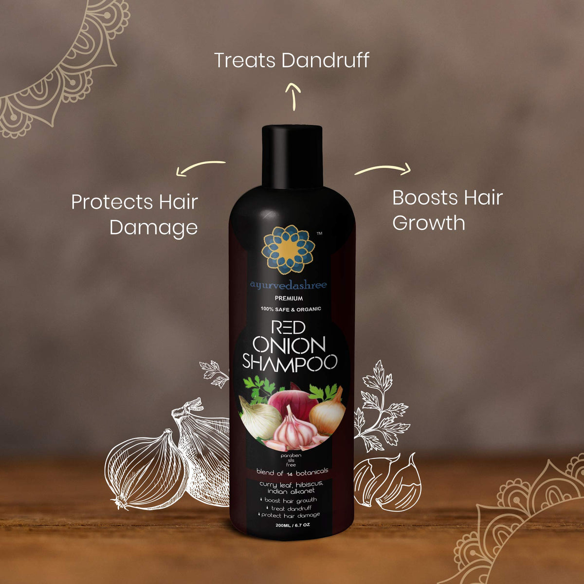 AYURVEDASHREE bottle held in hand to show 200ml size and portability