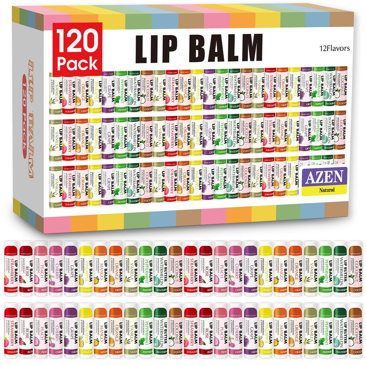 AZEN front packaging of 120-pack showing value and flavors for gifting