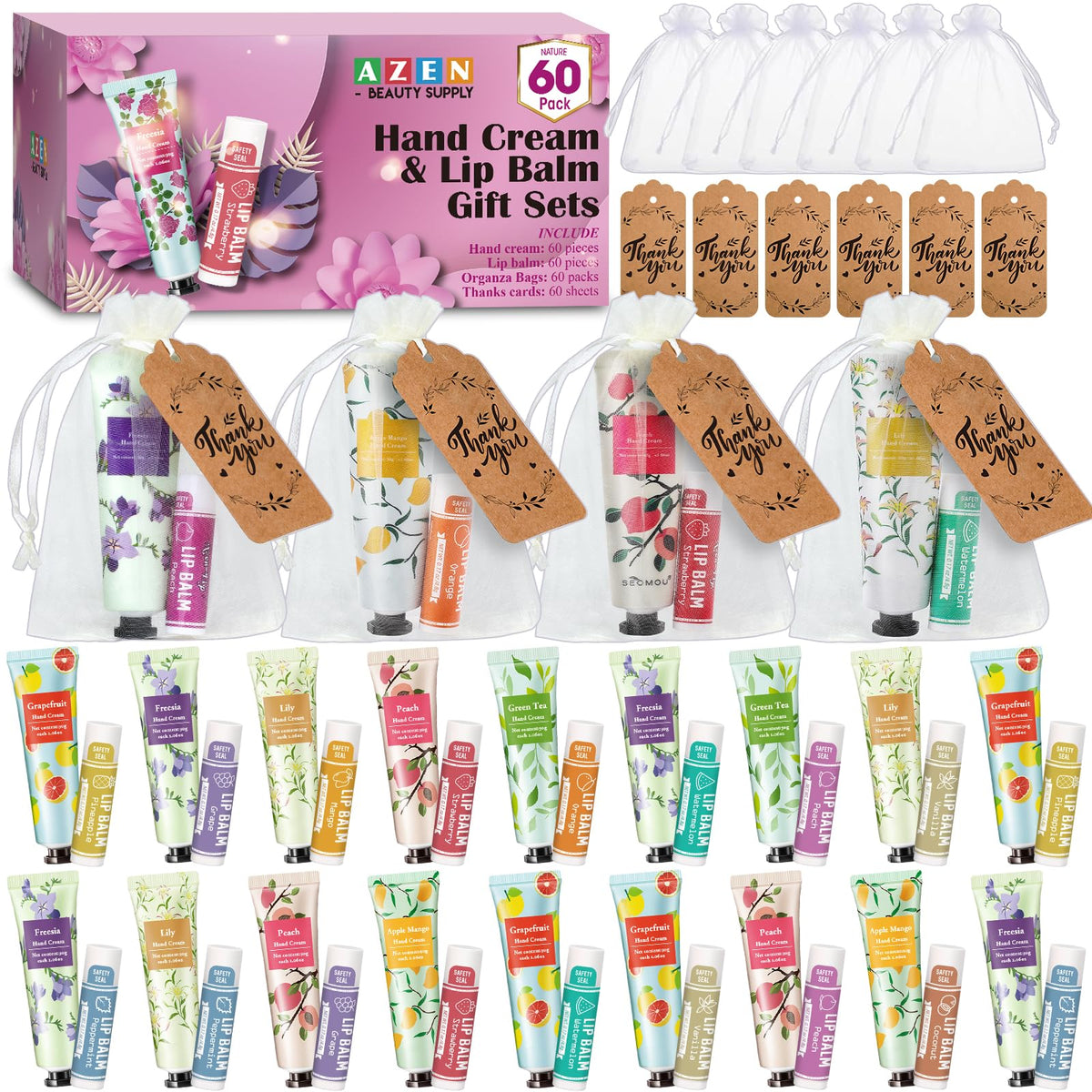 AZEN front packaging showing full 60-set favor collection and components, ideal for event gifts