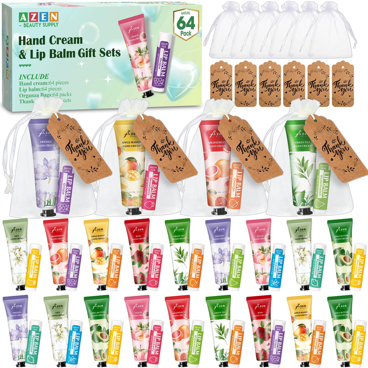AZEN front packaging showing full 64-piece set and neat presentation benefit