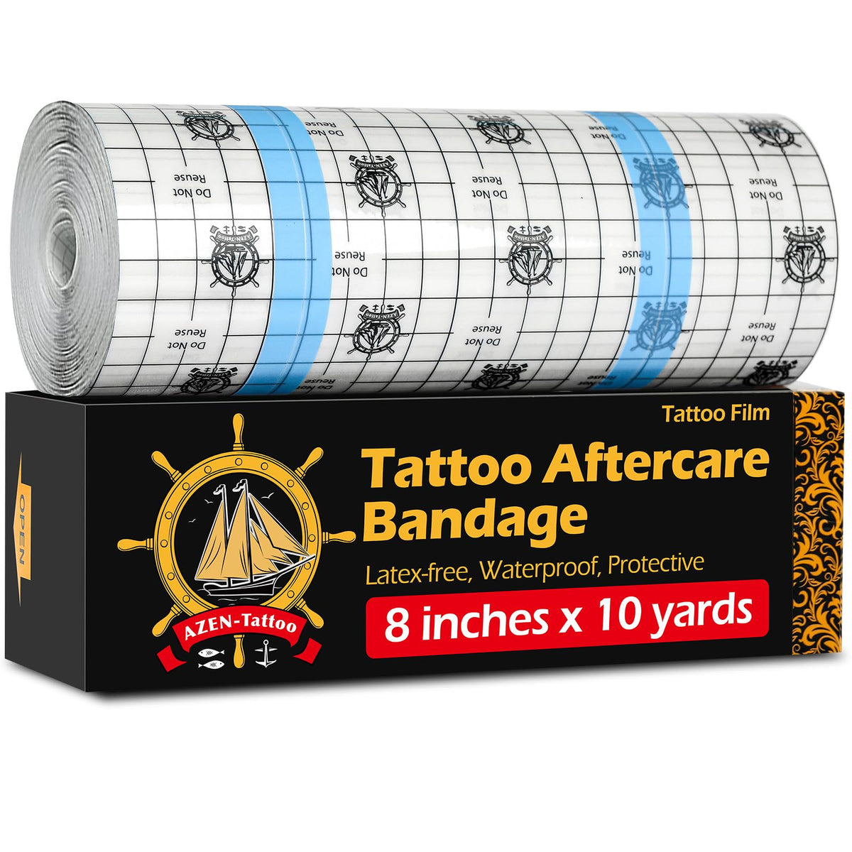 AZEN front packaging showing roll and size, protects tattoos effectively