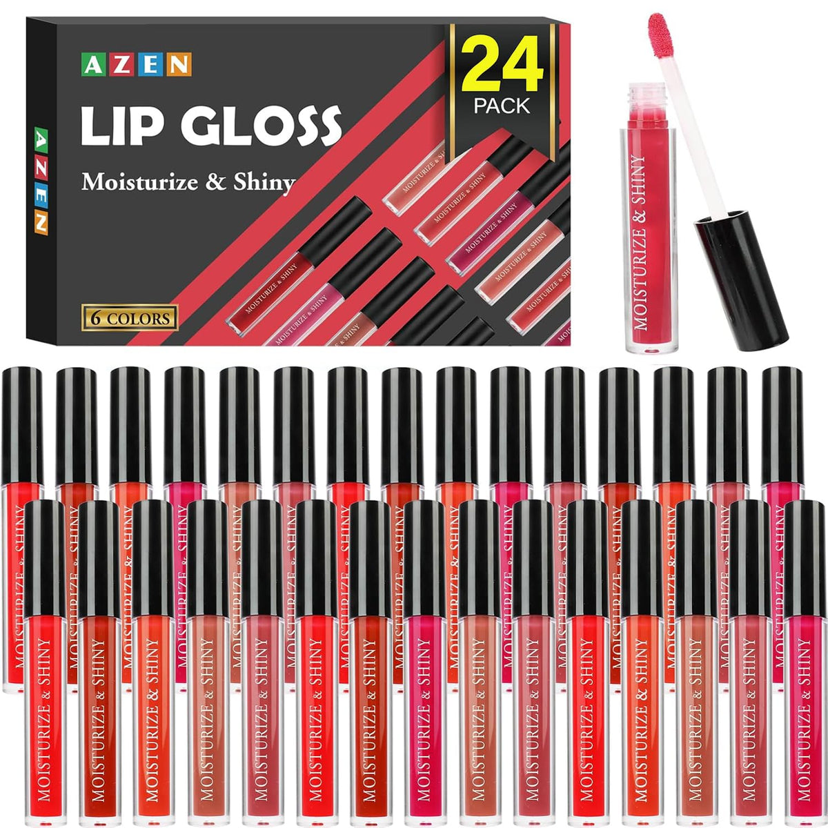 AZEN front packaging showing 24 glosses and vibrant variety for easy selection
