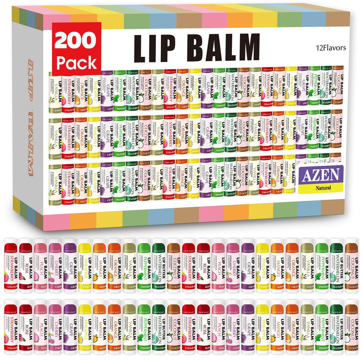 AZEN front packaging showing assorted lip balm tubes and brand name benefit convenience