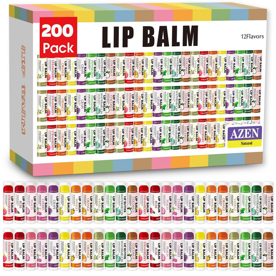 AZEN front packaging showing assorted lip balm tubes and brand name benefit convenience
