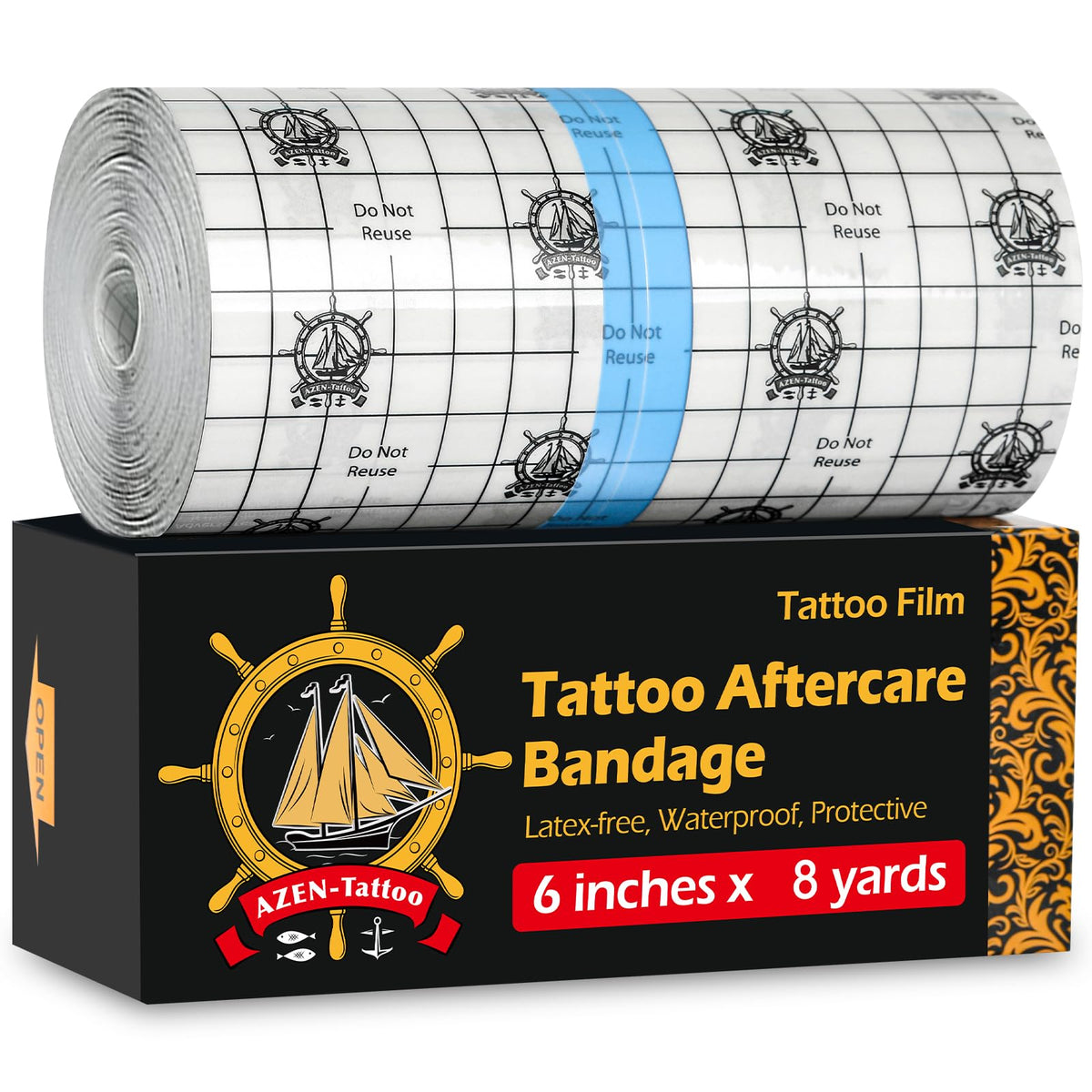AZEN front view of 6x8yd roll showing label and roll edge, protects fresh tattoos