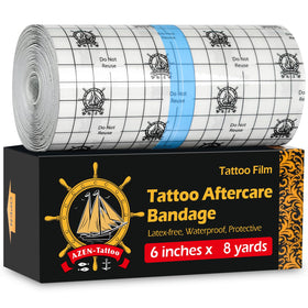 AZEN front view of 6x8yd roll showing label and roll edge, protects fresh tattoos