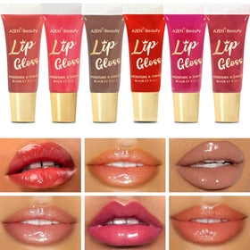 AZEN gloss applied on lips showing high-shine finish and hydrated look benefit