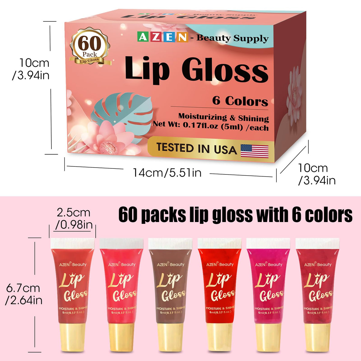 AZEN gloss tubes beside a coin showing size and travel-friendly portability benefit