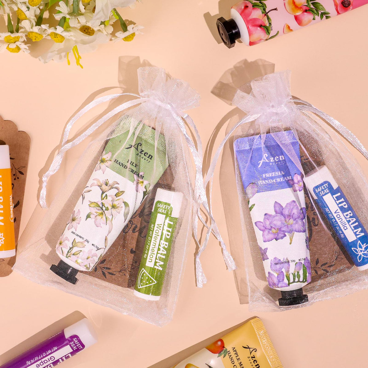 AZEN assorted flavors and scents laid out to show mix-and-match benefit