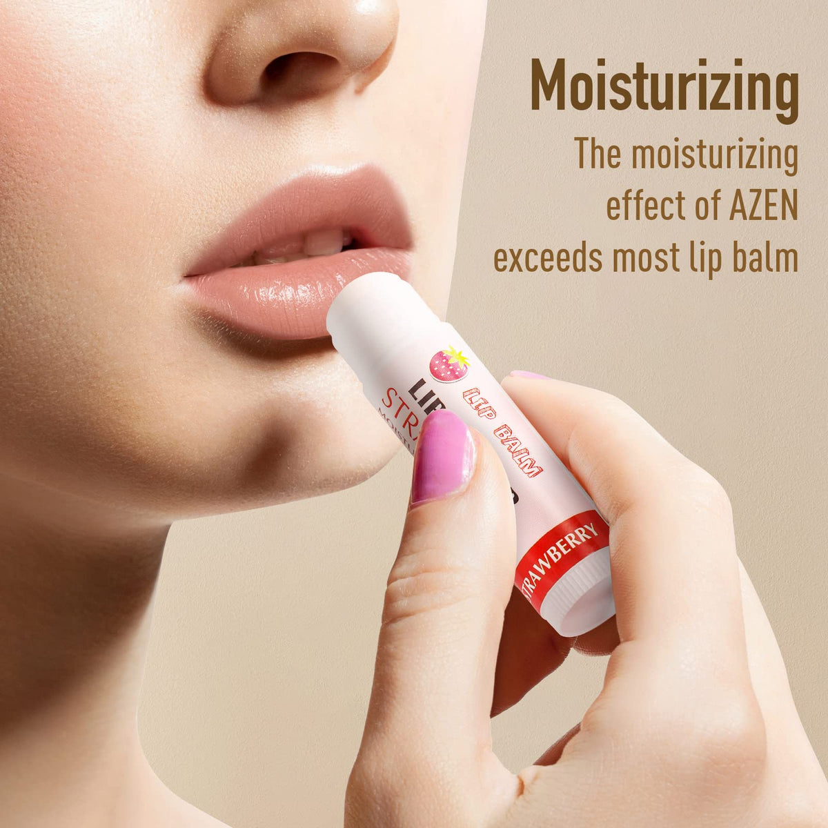 AZEN lip balm tube closeup highlighting smooth texture and easy glide