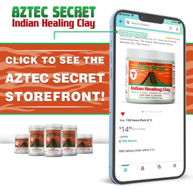 Aztec Secret jar next to measuring spoon and apple cider vinegar, shows mixing scale
