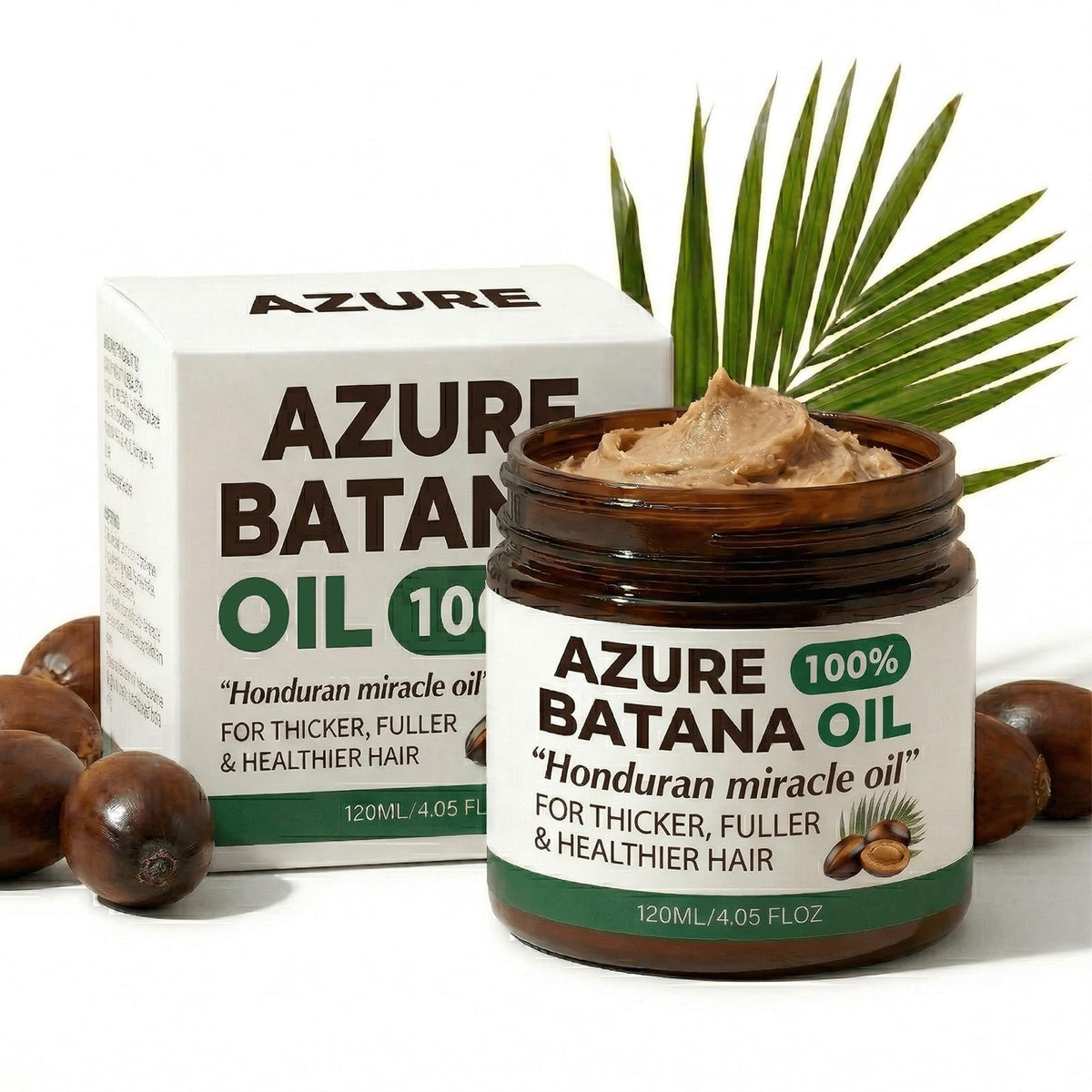 Azure Batana front packaging showing bottle and natural oil benefit